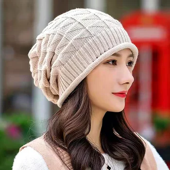 2023 Зимняя вязаная шапка для женщин, Мешковатые шапки-бини с напуском, Уличная теплая шапка-капот, женские зимние лыжные теплые шерстяные шапки