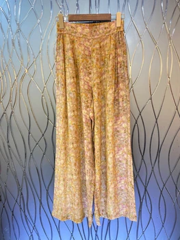 2023 новая женская мода свободные повседневные эластичные талии с мелким цветочным узором универсальные широкие брюки 0809