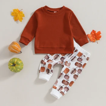 BeQeuewll/ комплекты штанов на Хэллоуин для маленьких девочек, однотонные топы с длинными рукавами и принтом тыквы, комплекты штанов на завязках для 0-3 лет