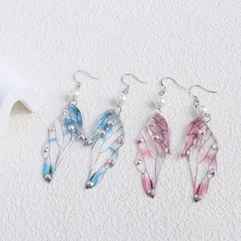 Minar Ручной работы, красочный радужный градиентный принт, Двойные крылья бабочки, имитация жемчуга, Длинные серьги-капли для женщин, подарки 5