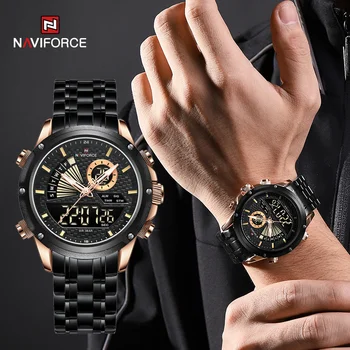 NAVIFORCE Мужские кварцевые цифровые часы Ремешок из нержавеющей стали Водонепроницаемые Наручные часы Будильник Часы с двойным дисплеем Relogio Masculino 2023