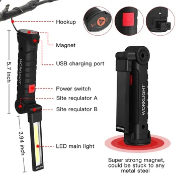 TOBYS Портативный COB Светодиодный Фонарик USB Перезаряжаемый Рабочий Свет Магнитный Подвесной Светильник Lanterna со Встроенной Батареей Кемпинг Факел 5