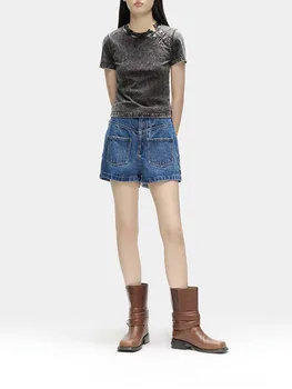 y2k весенне-летняя хлопковая футболка с разрезным металлическим вырезом и короткими рукавами, модная универсальная свободная повседневная женская одежда