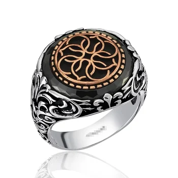 Винтажное кольцо из стерлингового серебра 925 пробы, Антикварное Мужское кольцо с черным агатом, Тайское серебряное кольцо с черными мужскими турецкими украшениями 1