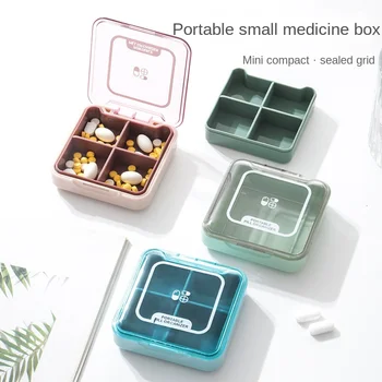 Влагостойкая квадратная коробка для таблеток, портативный герметичный разделенный кейс-органайзер для лекарств на 4 сетки, для хранения лекарств в дальних путешествиях.