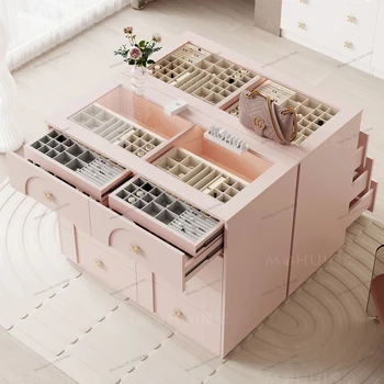 Гардеробная, островная платформа, шкаф для ювелирных изделий, шкаф для хранения, французская спальня, розовый шкаф для переодевания, элитный стиль 1