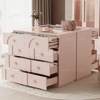 Гардеробная, островная платформа, шкаф для ювелирных изделий, шкаф для хранения, французская спальня, розовый шкаф для переодевания, элитный стиль 2