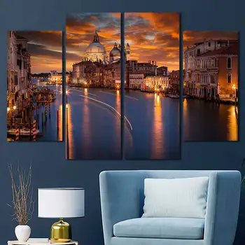 Декоративное настенное полотно в рамке, Городской Венецианский городской собор, уличный свет, сумерки, оранжевые облака, готово для украшения гостиной