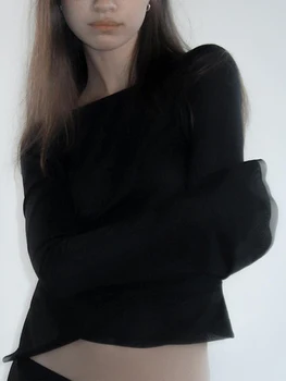 Женские летние облегающие топы черного цвета с длинным рукавом и открытой спиной, приталенная короткая футболка