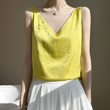 Женский камзол, винтажная атласная рубашка с принтом, без рукавов, с круглым вырезом, пуловер, однотонный, Лето 2023, Новая Корейская версия