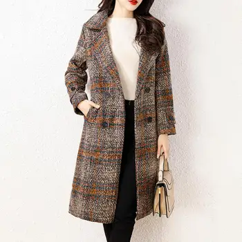 Женское шерстяное пальто, деловое пальто средней длины, стильное шерстяное пальто в клетку, двубортное пальто средней длины для осени / зимы