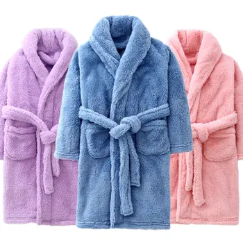 Зимние утепленные халаты для детей, фланелевая теплая ночная рубашка для девочек, купальный халат для мальчиков-подростков, однотонный ночной халат, детский халат