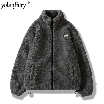Зимняя флисовая пушистая куртка в стиле хип-хоп, уличная одежда, Harajuku, пушистое пальто на молнии, Мужские осенние однотонные легкие куртки Черного, бежевого цвета.