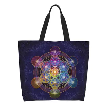 Изготовленные на заказ холщовые сумки Metatron's Cube Merkabah для покупок, женские прочные сумки для покупок Flower of Life Tote большой емкости