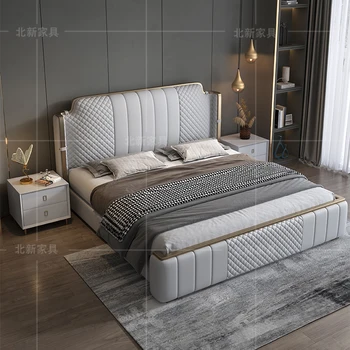 Итальянская легкая роскошная кожаная кровать Двуспальная кровать современная простая основная кровать маленькая кожаная кровать