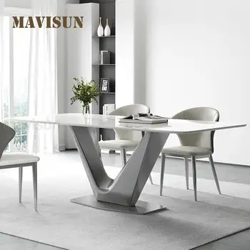 Итальянский дизайнерский обеденный стол Современная основа Прямоугольник из нержавеющей Стали Стильный Серебристый кухонный стол и стулья Muebles Hogar Home Decor 2