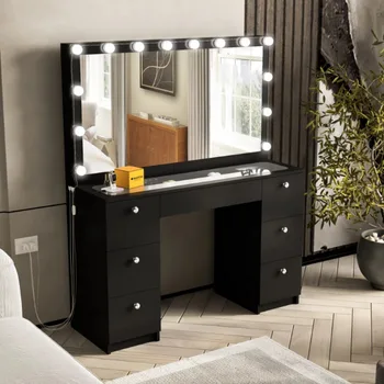 Комоды Ember Interiors Ibbie Современный туалетный столик, окрашенный в черный цвет, с подсветкой, USB-портом, для спальни
