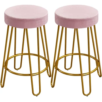 Кухонный барный стул с бархатной обивкой, 2 предмета, розовые и золотистые табуретки