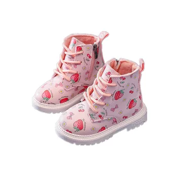 Модные детские ботинки, зимние хлопковые утеплители, ботильоны для британской девочки, милые спортивные ботинки с клубникой, милые ботильоны принцессы, детская обувь 5