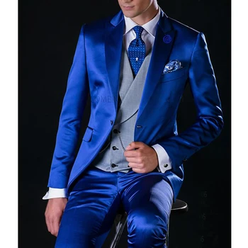 Мужские костюмы из королевского синего атласа для свадьбы с серым жилетом, приталенные смокинги для жениха, мужская мода, 3 предмета в комплекте (куртка + жилет + брюки)