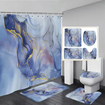 Набор штор для душа из голубого мрамора с абстрактной росписью, современный декор ванной комнаты, коврик для ванны, коврик на подставке, Нескользящий ковер, крышка унитаза