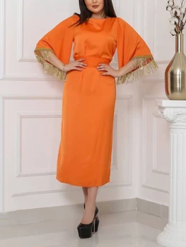 Оранжевое атласное платье, роскошные платья Миди с расклешенными рукавами 3/4 в золотистую мозаику и поясом, платье для празднования Дня рождения, свадьбы, вечеринки для гостей.