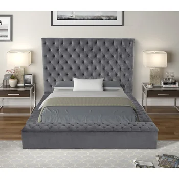 Полноразмерная кровать для хранения с ворсистой обивкой, выполненная из дерева серого цвета