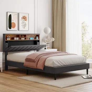Серая полноразмерная мягкая кровать на платформе с изголовьем для хранения и USB-портом, кровать с обивкой из льняной ткани для мебели для спальни