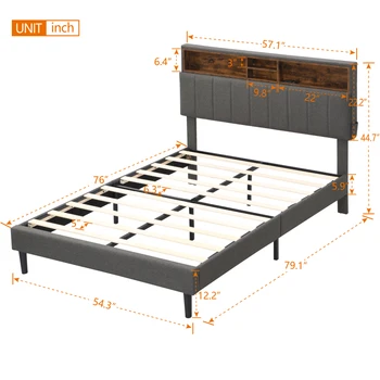 Серая полноразмерная мягкая кровать на платформе с изголовьем для хранения и USB-портом, кровать с обивкой из льняной ткани для мебели для спальни 5