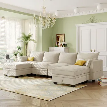 Современный большой U-образный модульный секционный диван, раскладной диван-кровать с реверсивным шезлонгом для гостиной, сиденье для хранения