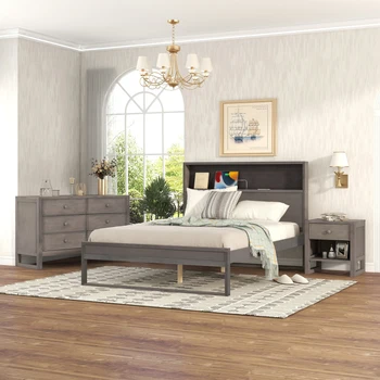 Спальный гарнитур из 3 предметов, полноразмерная кровать на платформе с тумбочкой и комодом, антично-серый