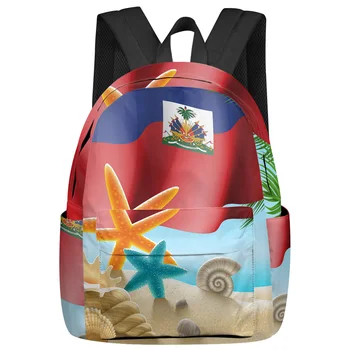 Флаг Гаити Флаг Дня Ракушки морских звезд Пляжные Женские рюкзаки Подростковые Студенческие Школьные сумки Рюкзак для ноутбука Женские дорожные сумки Mochila