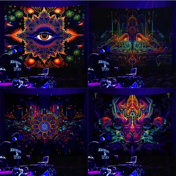Флуоресцентная Эстетика, Светящийся В темноте Черный Светлый Гобелен с Психоделическим Дизайном DJ для Декора вечеринки, Настенный Гобелен