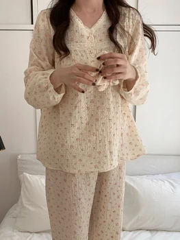 Французский весенне-осенний кружевной топ с круглым вырезом и длинными рукавами, брюки, винтажный пижамный костюм с цветочным принтом, ночная одежда из 2 предметов, домашняя одежда