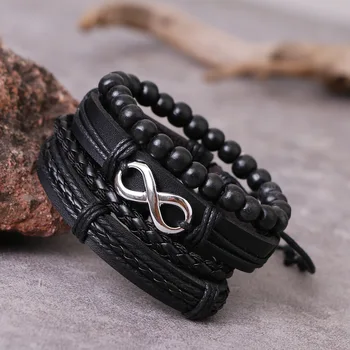 Черный многослойный кожаный браслет для мужчин, новый мужской кожаный браслет, браслет из бисера, модные Регулируемые ювелирные изделия-шармы для мужчин 0
