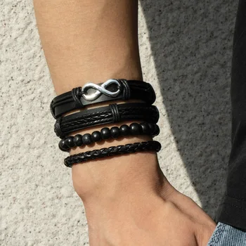 Черный многослойный кожаный браслет для мужчин, новый мужской кожаный браслет, браслет из бисера, модные Регулируемые ювелирные изделия-шармы для мужчин 5